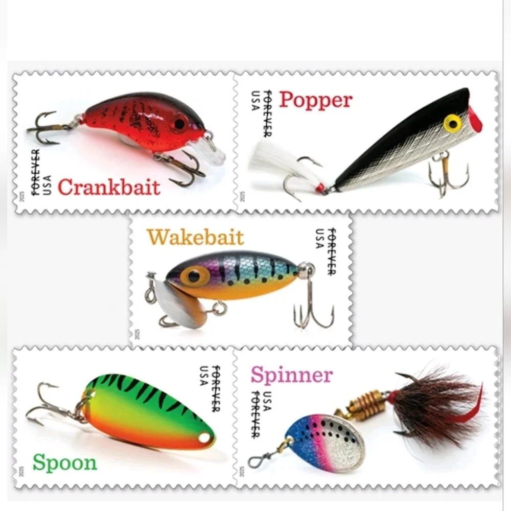 100 Freshwater Fishing Lures 2025‎ Forever Postage Stamps USPS Bachelor Party
